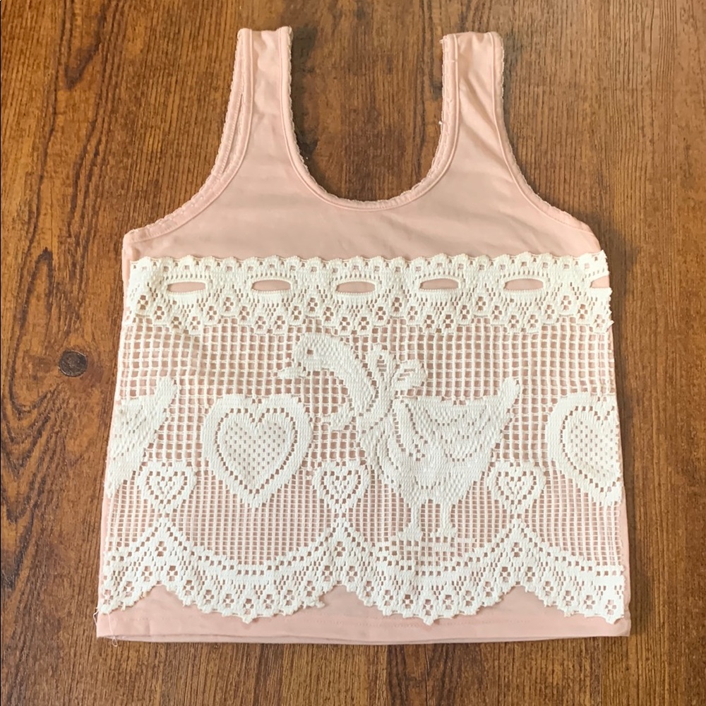 Pink Tank Top with Patchwork Lace Swan Design